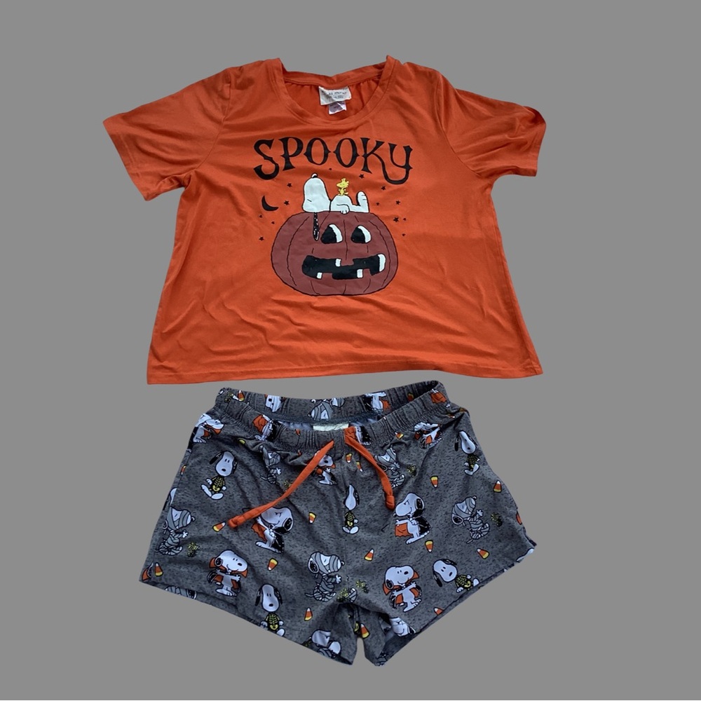 Munki Munki Halloween Orange Top and Snoopy Print Shorts Set
